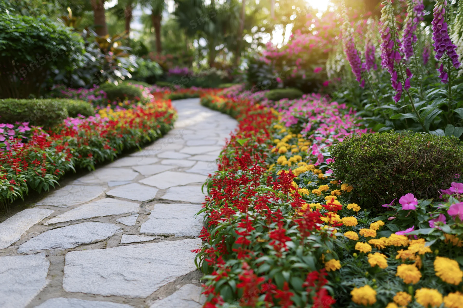 Curved flagstone path winding through colorful flowerbeds in a lush garden