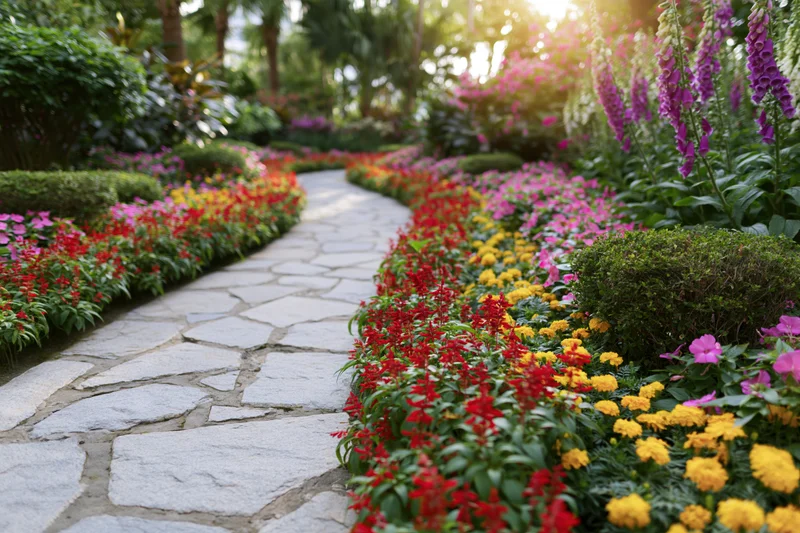 Curved flagstone path winding through colorful flowerbeds in a lush garden