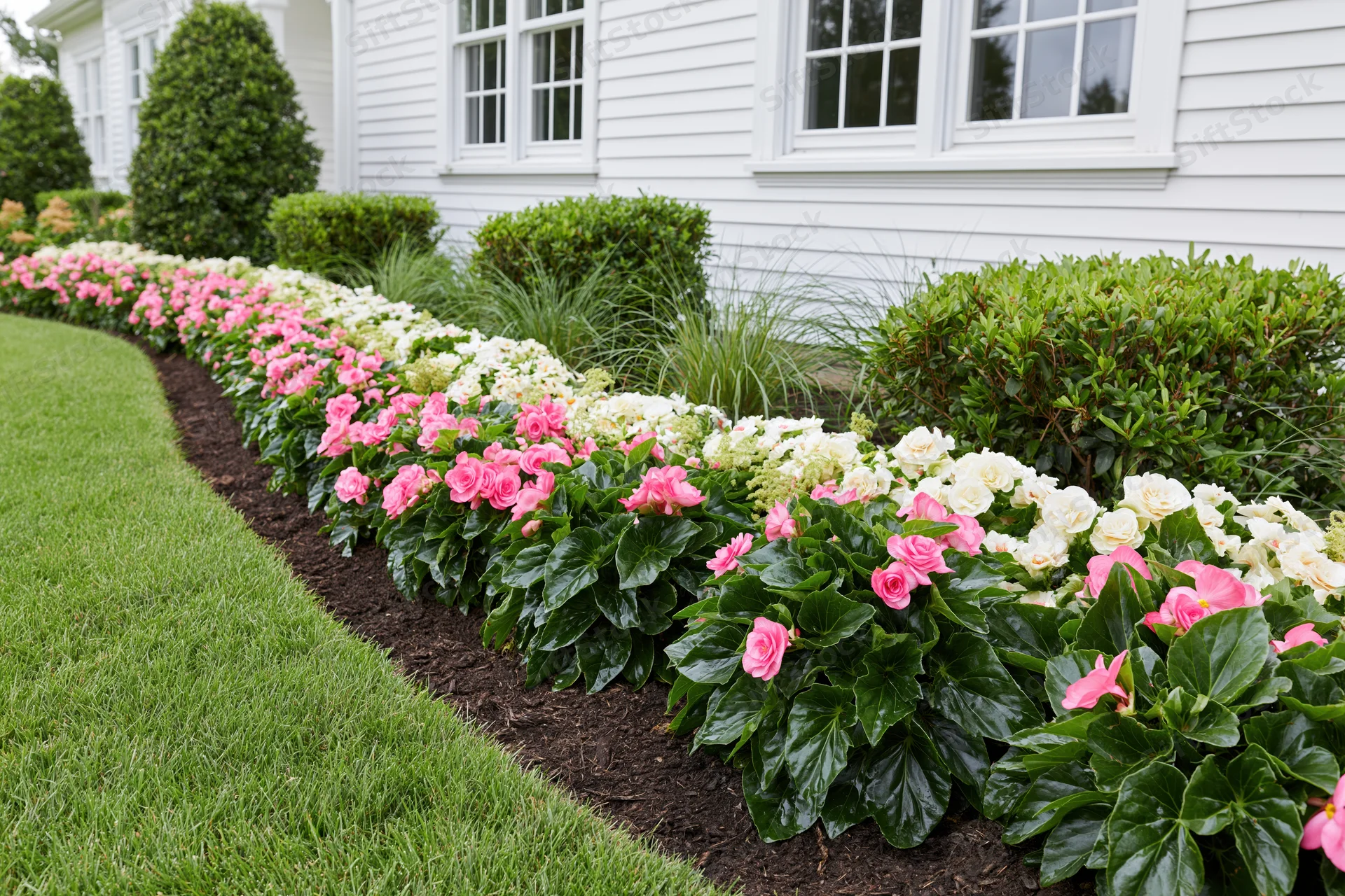 Curved flowerbed with pink and white flowers along a white clapboard house front yard