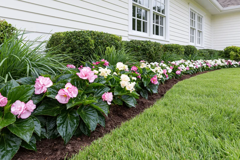 Curved flowerbed with pink and white begonias along a white clapboard house