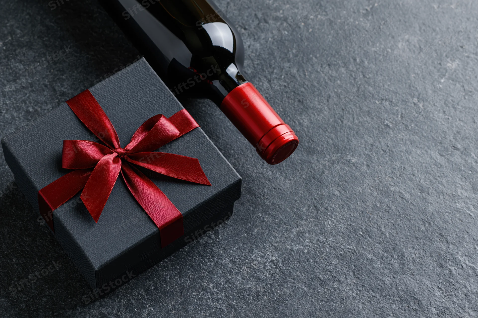 Dark gift box with red satin ribbon bow beside a wine bottle on textured stone surface
