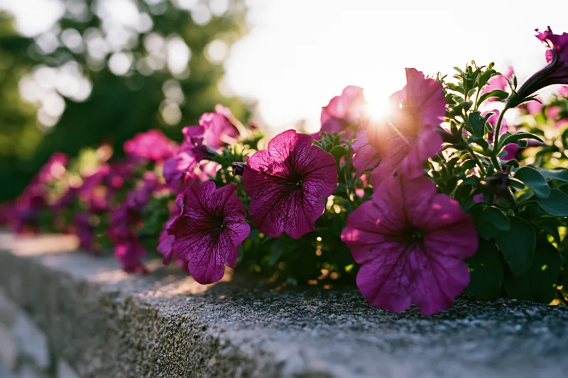 Magenta petunias blooming along a stone wall in sunlight