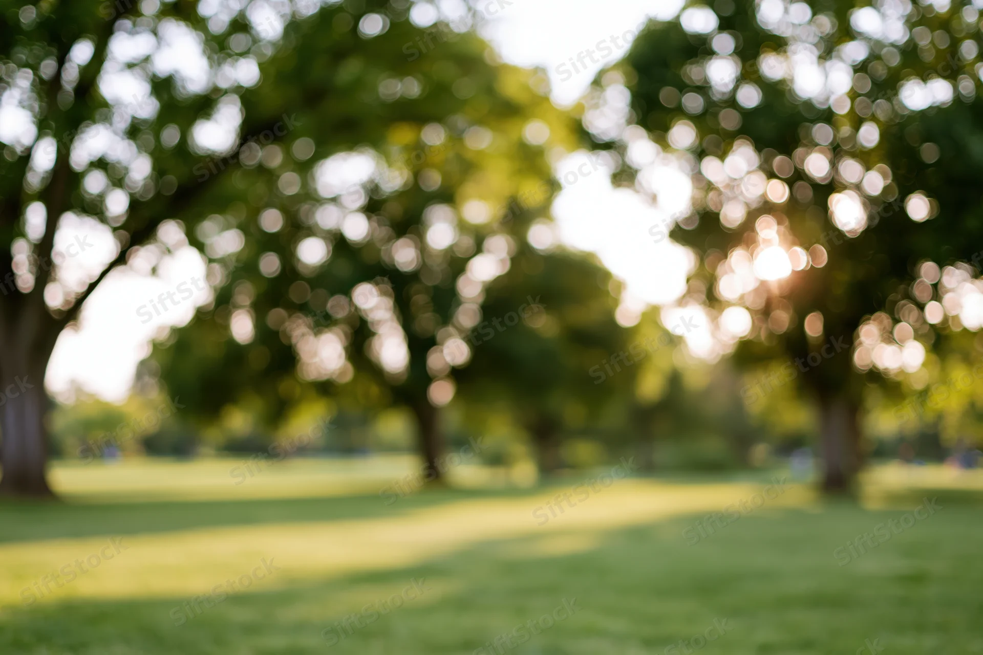 Defocused view of a sunny public park with large mature trees and green grass
