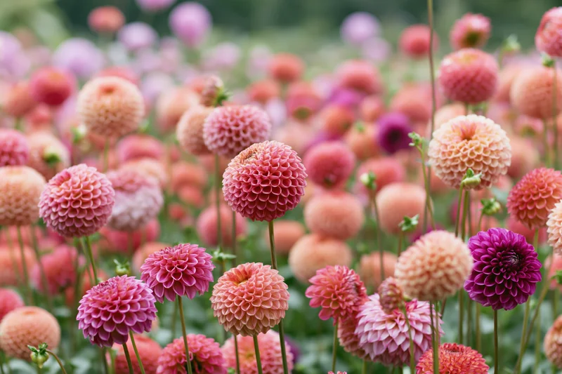 Dense field of blooming dahlia flowers in pink, purple and orange hues with green stems and foliage