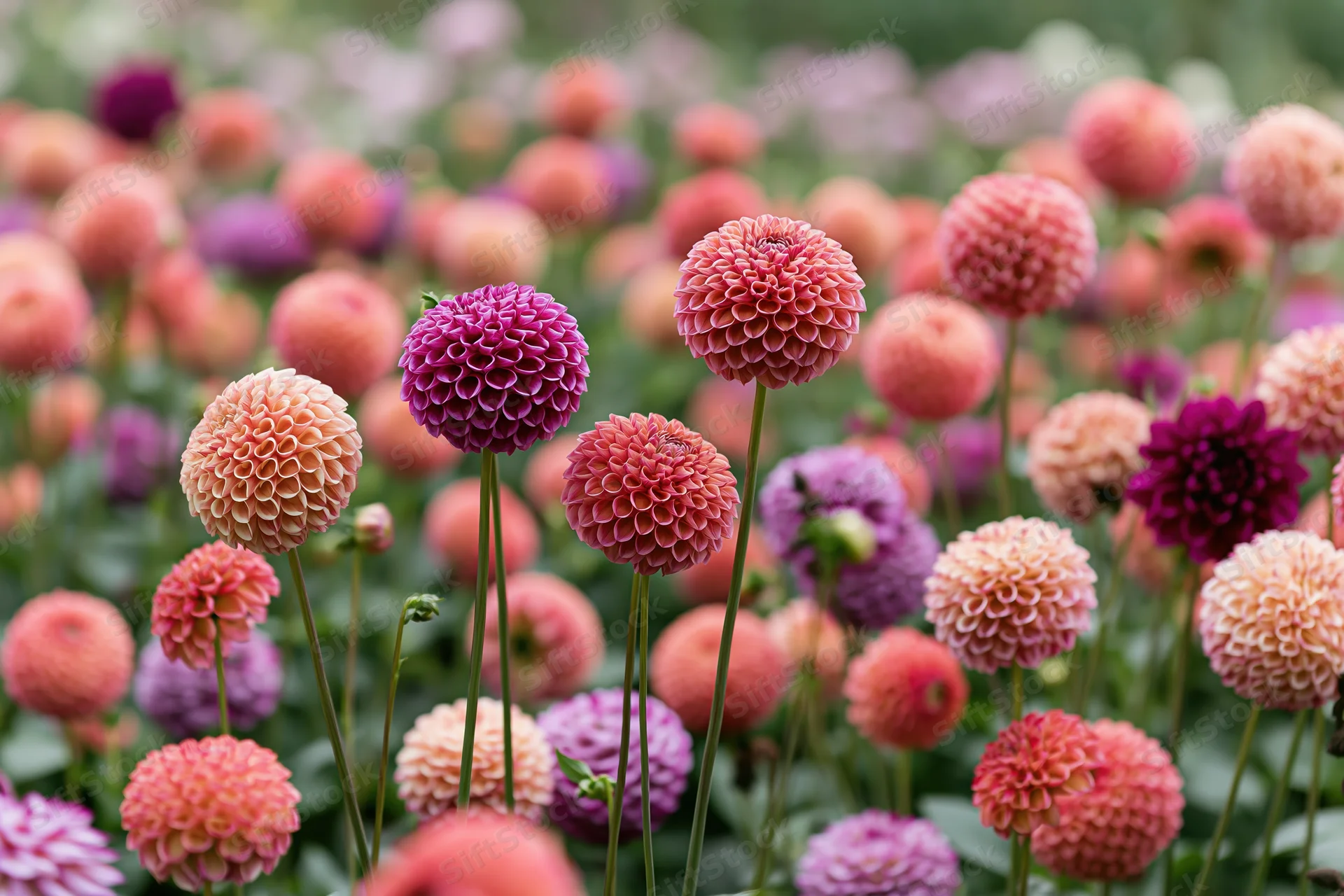 Dense field of round pompom dahlias in full bloom, pink and purple flowers on green stems in a garden setting