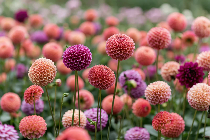 Dense field of round pompom dahlias in full bloom, pink and purple flowers on green stems in a garden setting