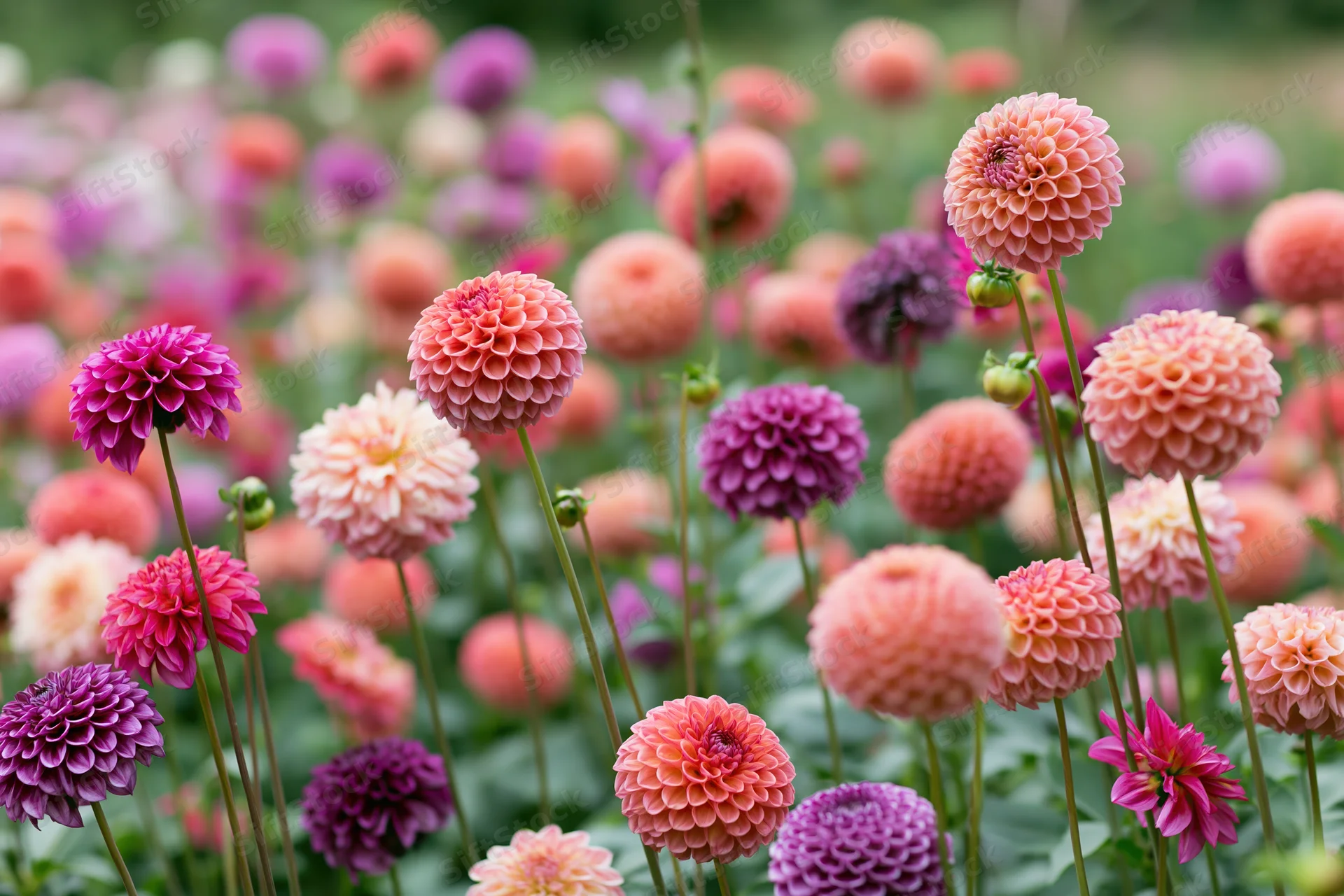 Dense dahlia garden in full bloom with pink, purple, and orange pompom flowers on green stems