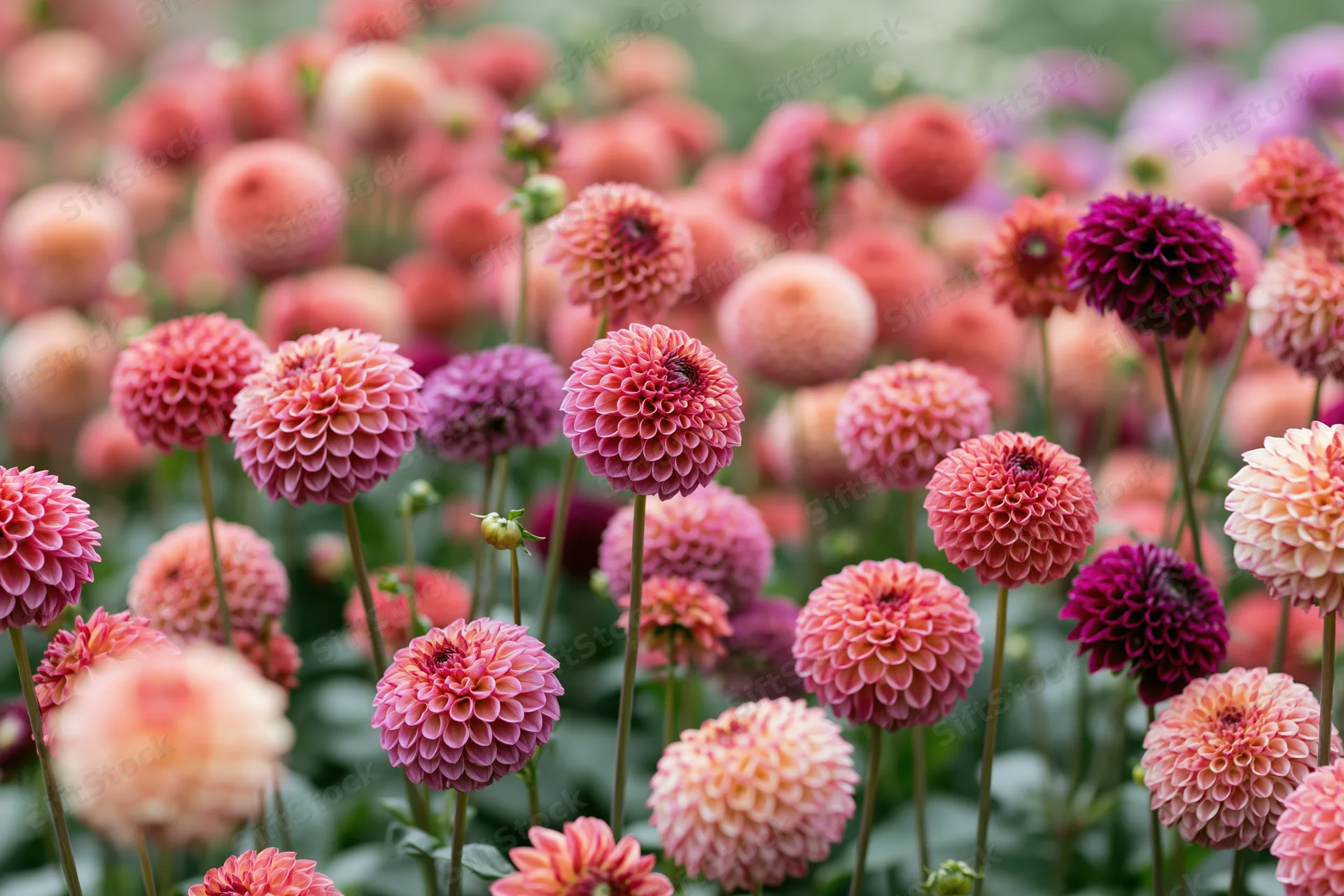 Dense field of blooming dahlias in pink, purple and orange hues with green stems and foliage