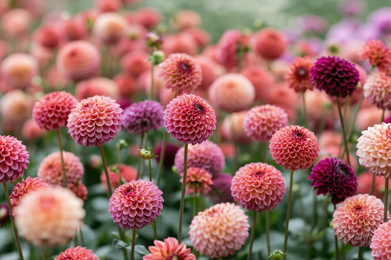 Dense field of blooming dahlias in pink, purple and orange hues with green stems and foliage