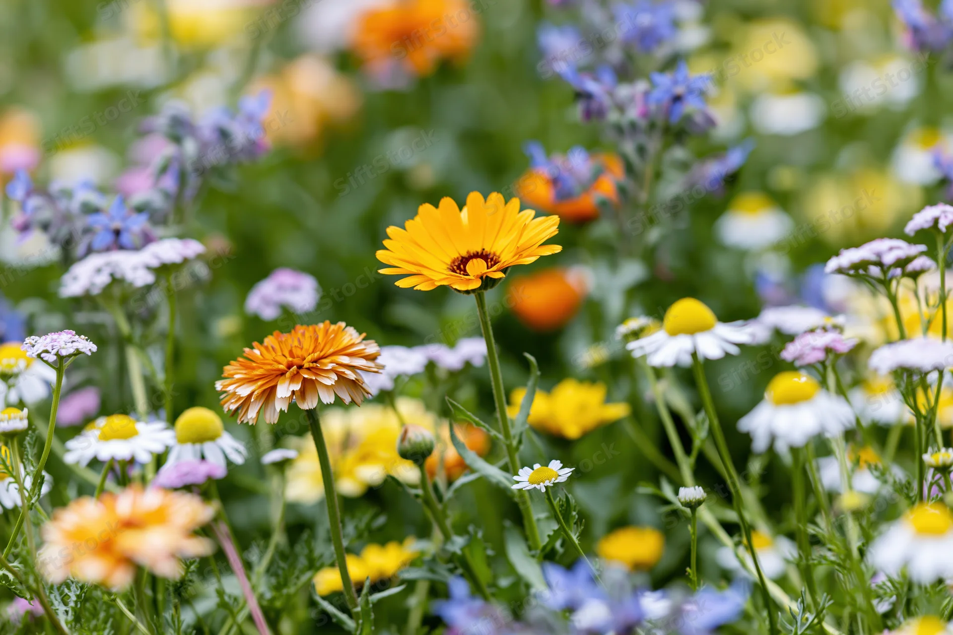Dense wildflower garden bed with marigolds, chamomile, and borage in bloom