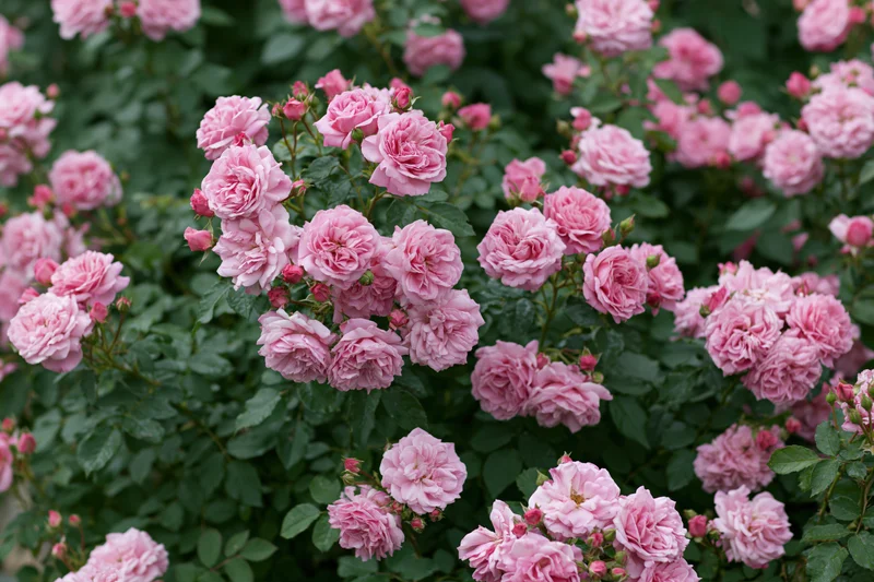 Dense cluster of pink roses in full bloom on a green bush in a garden
