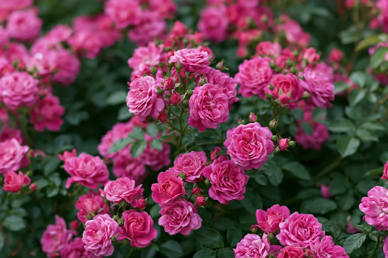 Dense cluster of pink roses in full bloom on a bush with green foliage in a garden