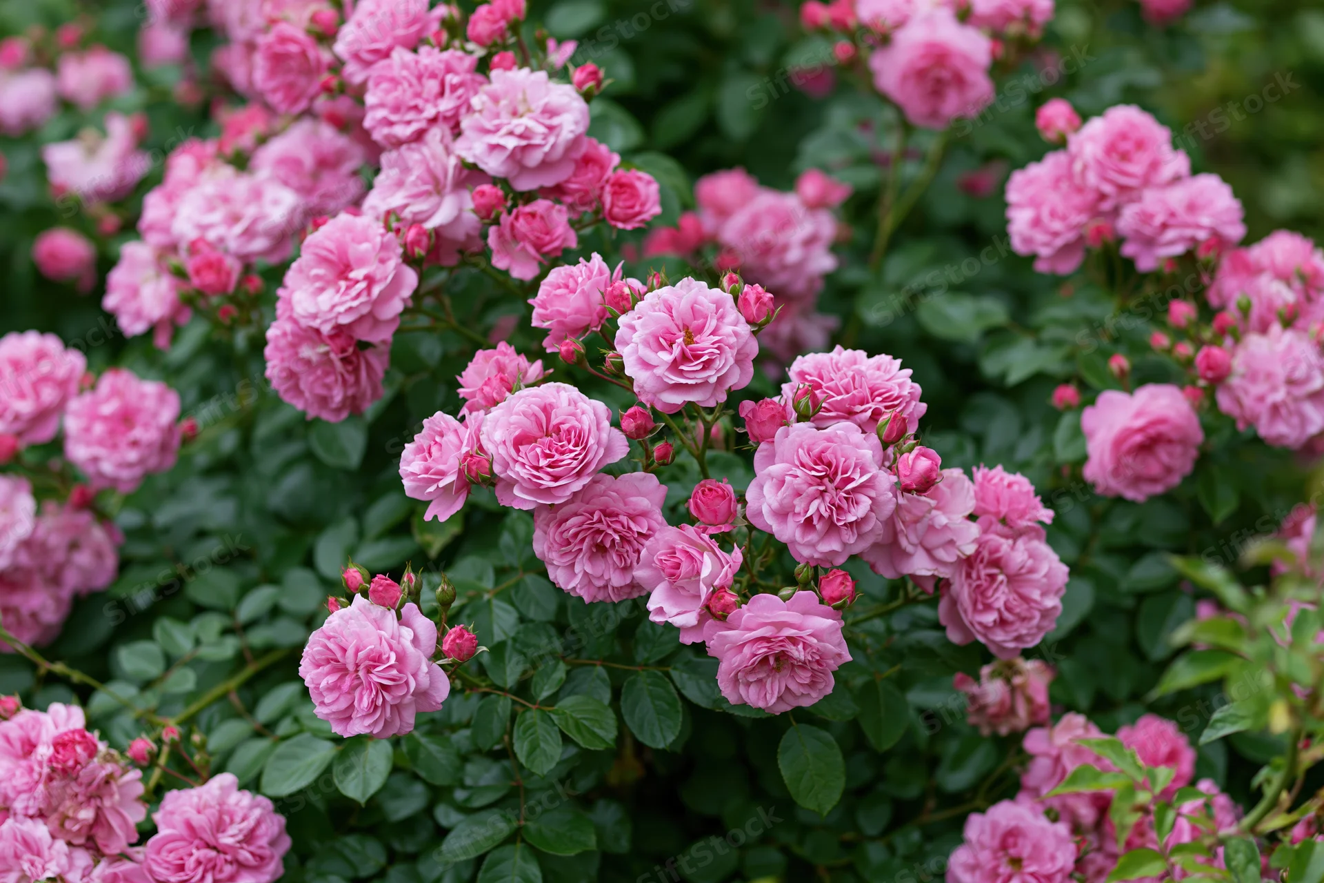 Dense cluster of pink roses in full bloom on a lush green bush