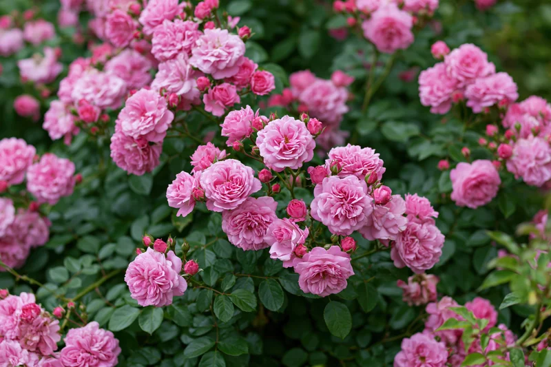 Dense cluster of pink roses in full bloom on a lush green bush
