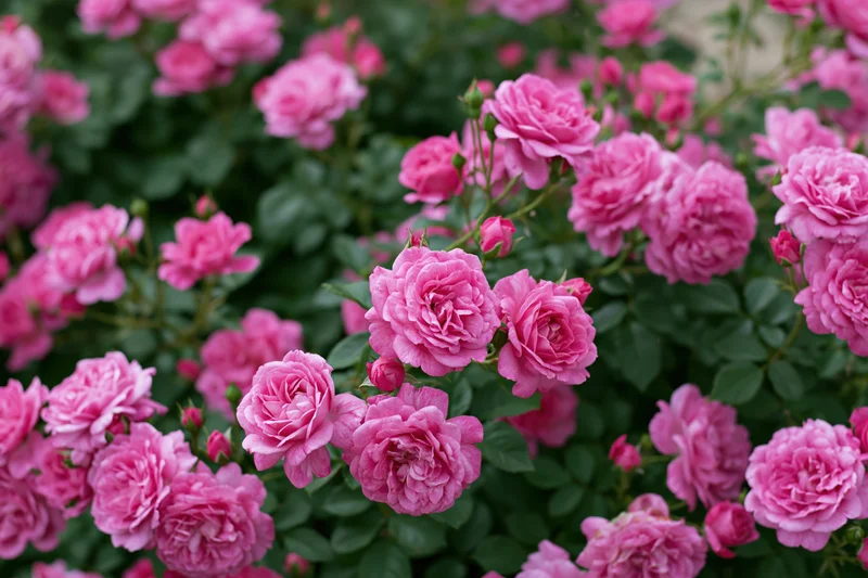 Densely blooming pink roses in full bloom on a lush green bush in a garden