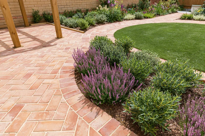 Professionally landscaped backyard garden with brick pathway curving around flowerbeds and lawn