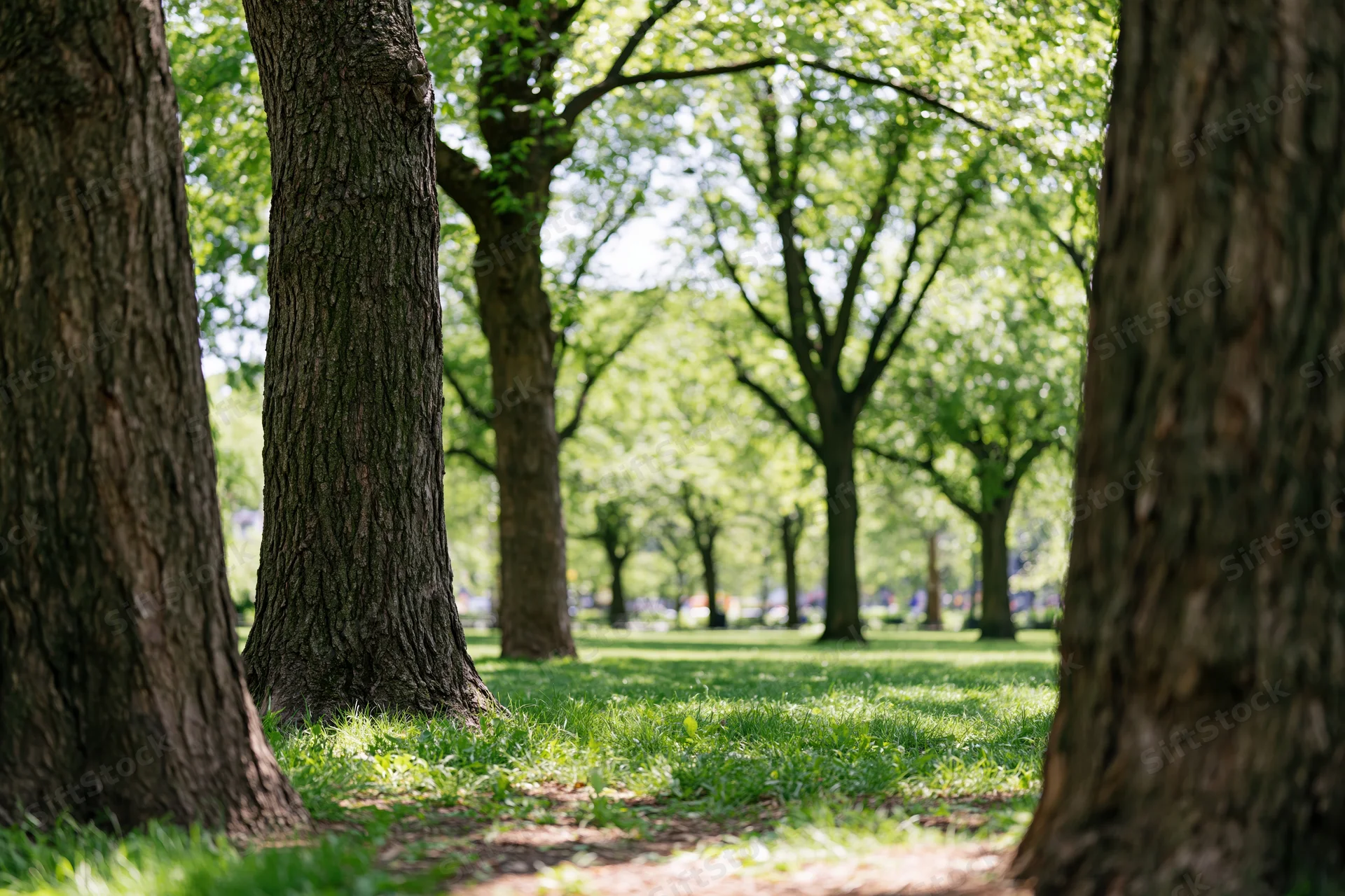 Trees lining a grassy path in a city park on a sunny afternoon