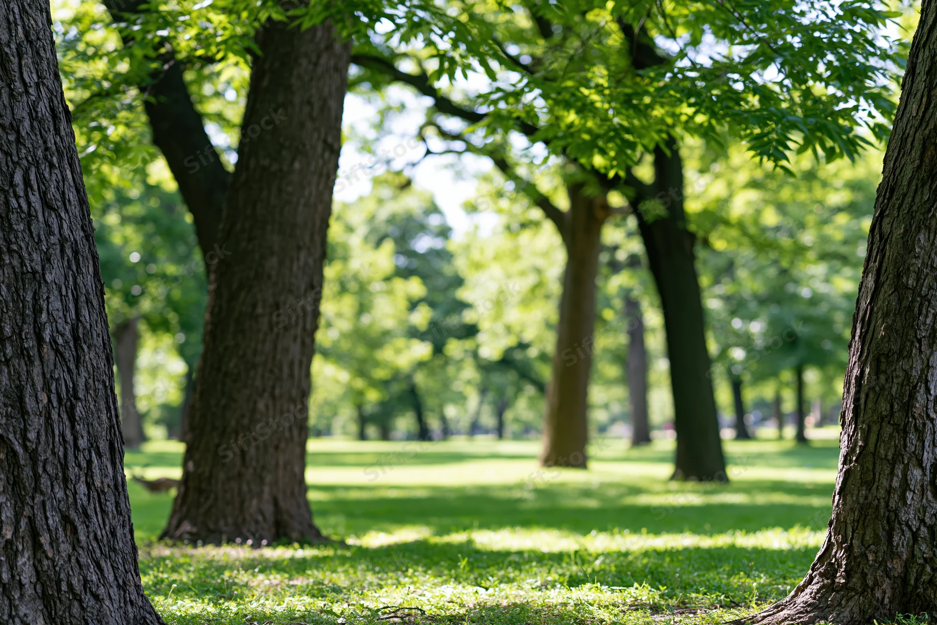 Sunlit park scene viewed through tree trunks with green grass and dappled shade