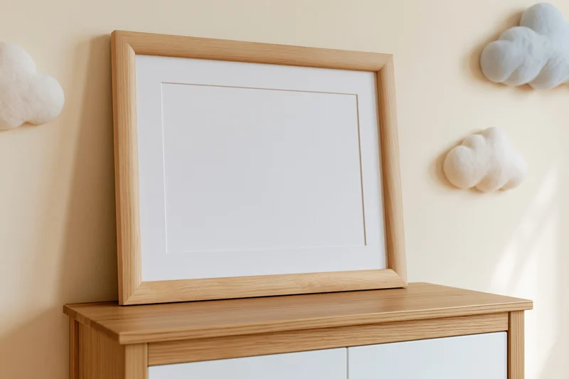 Empty light wood picture frame with white mat leaning against a cabinet in a nursery with cloud decorations