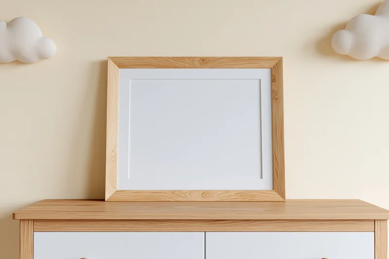 Empty light wood picture frame with white mat leaning against a cabinet in a nursery