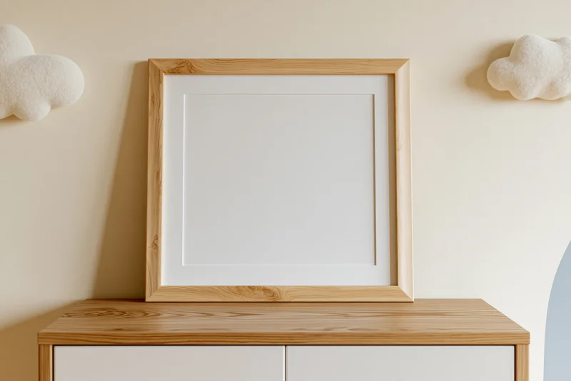 Empty light wood picture frame with white mat leaning against a cabinet in a nursery