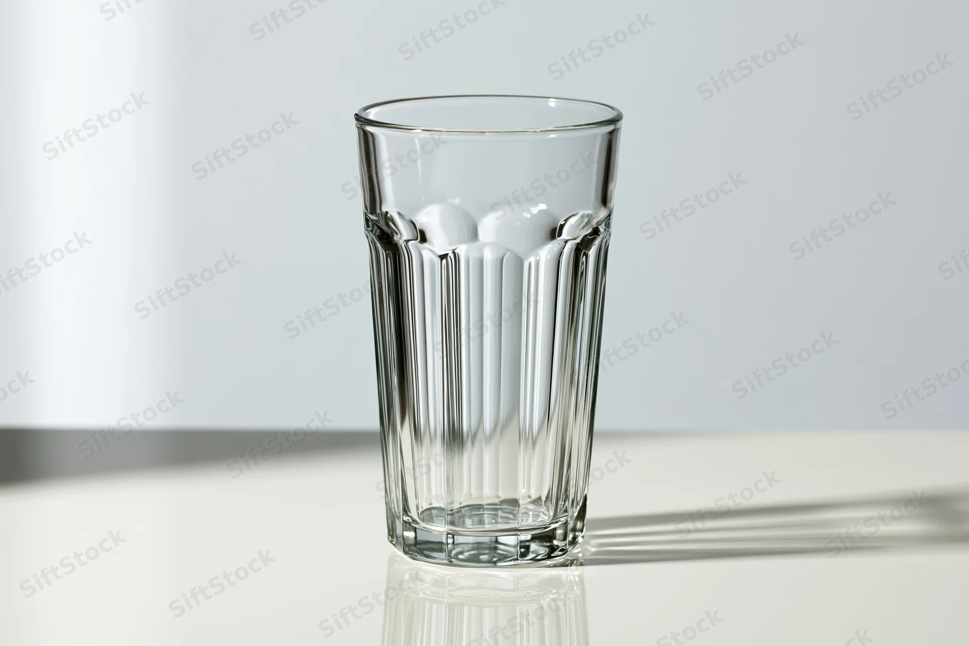 Empty tall faceted drinking glass standing upright on a clean white reflective surface