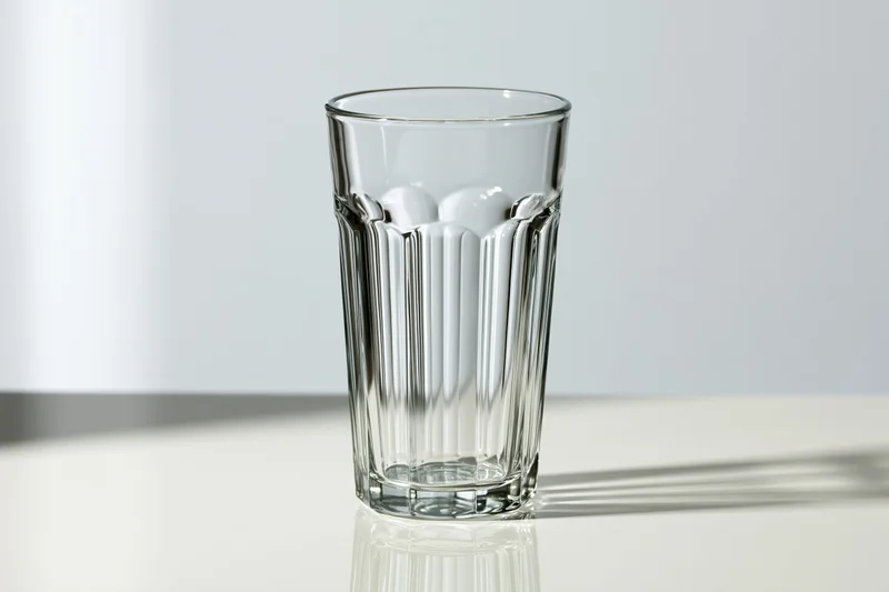 Empty tall faceted drinking glass standing upright on a clean white reflective surface