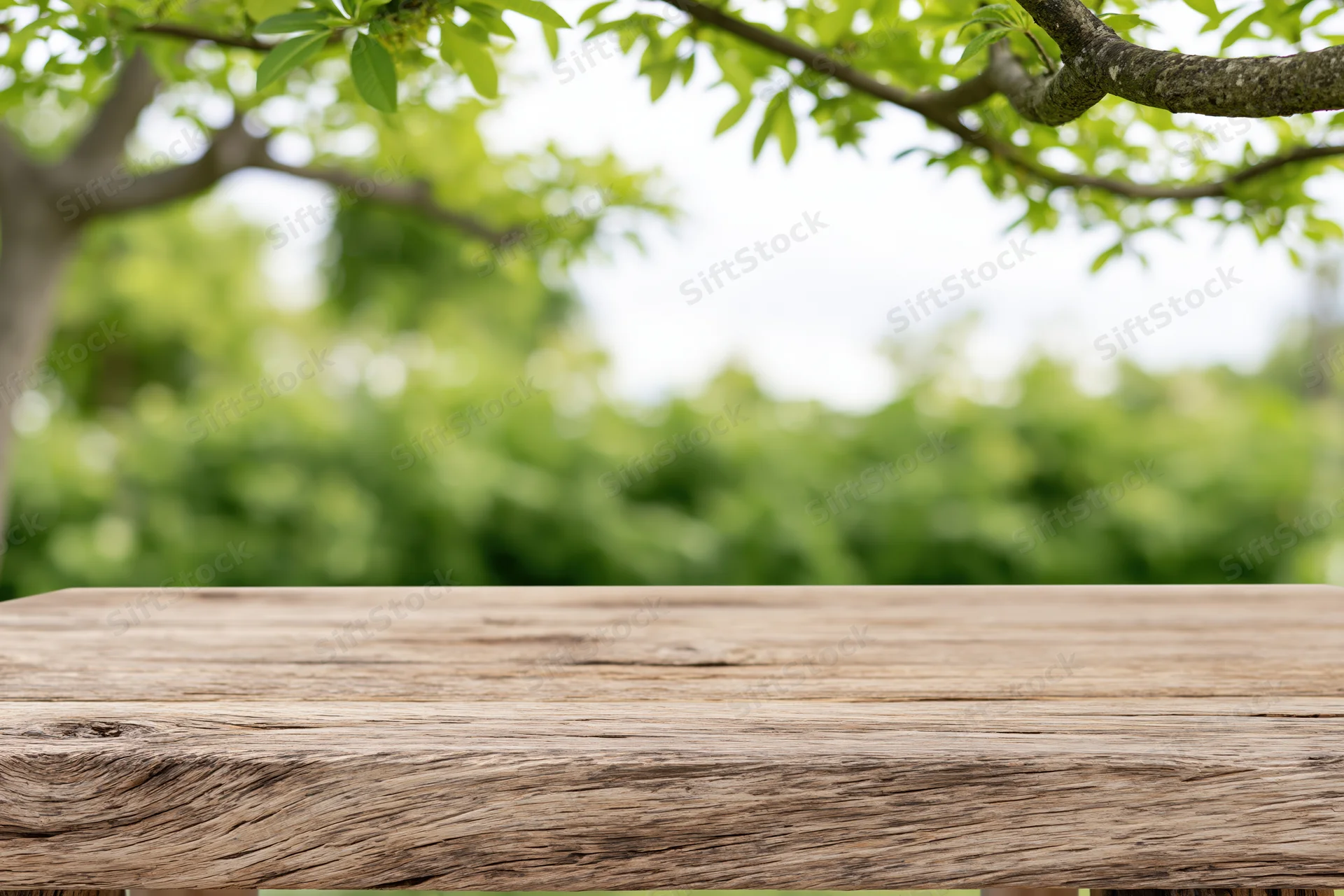 Weathered wooden table top in a lush green garden setting