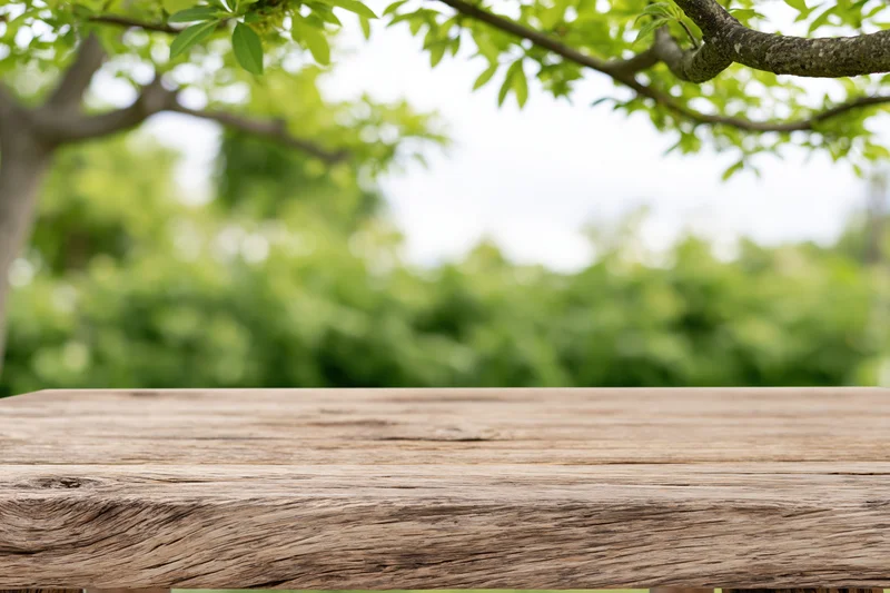 Weathered wooden table top in a lush green garden setting