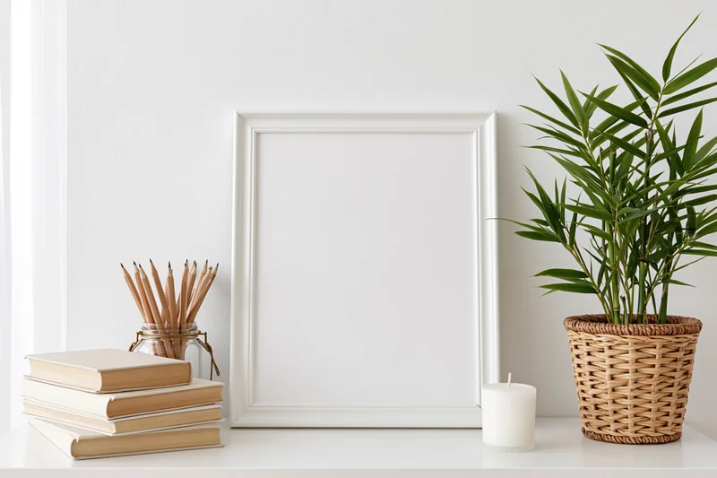 Empty white frame leaning on a shelf beside books, a bamboo plant in a wicker pot, and a candle