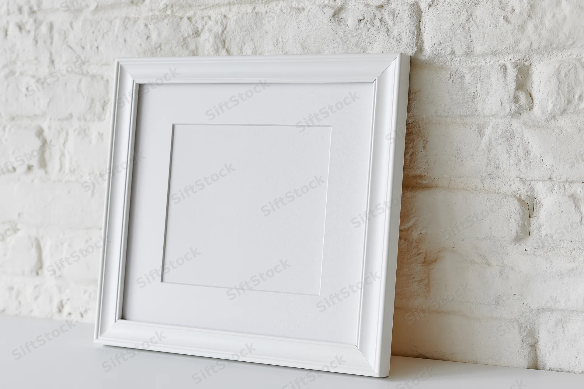 White empty picture frame with mat insert leaning against brick wall on shelf