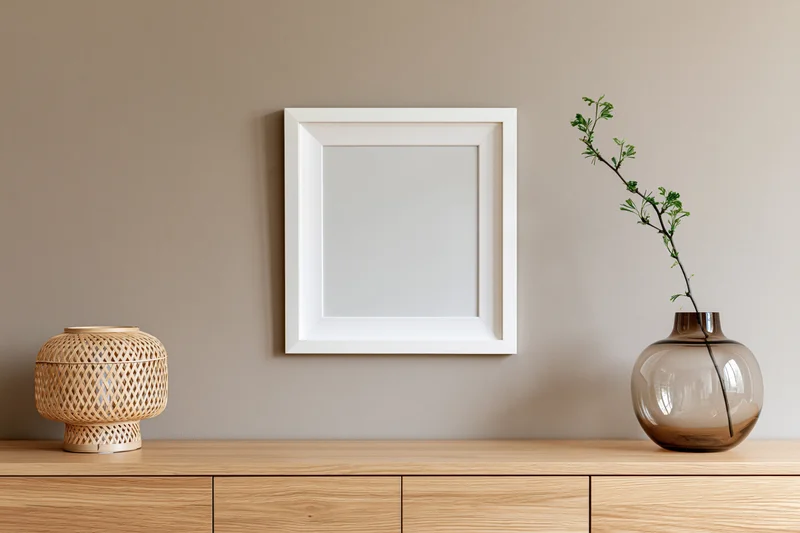 Empty white square frame hanging on a warm greige wall above a wooden cabinet with a woven bamboo container and a glass vase holding a green branch