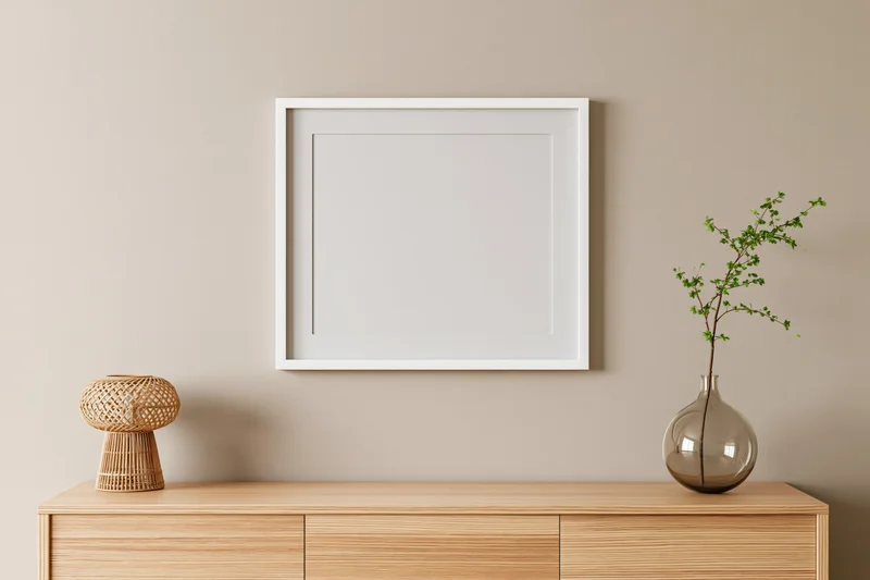 Empty white square frame hanging on warm greige wall above wooden cabinet with vase and woven basket