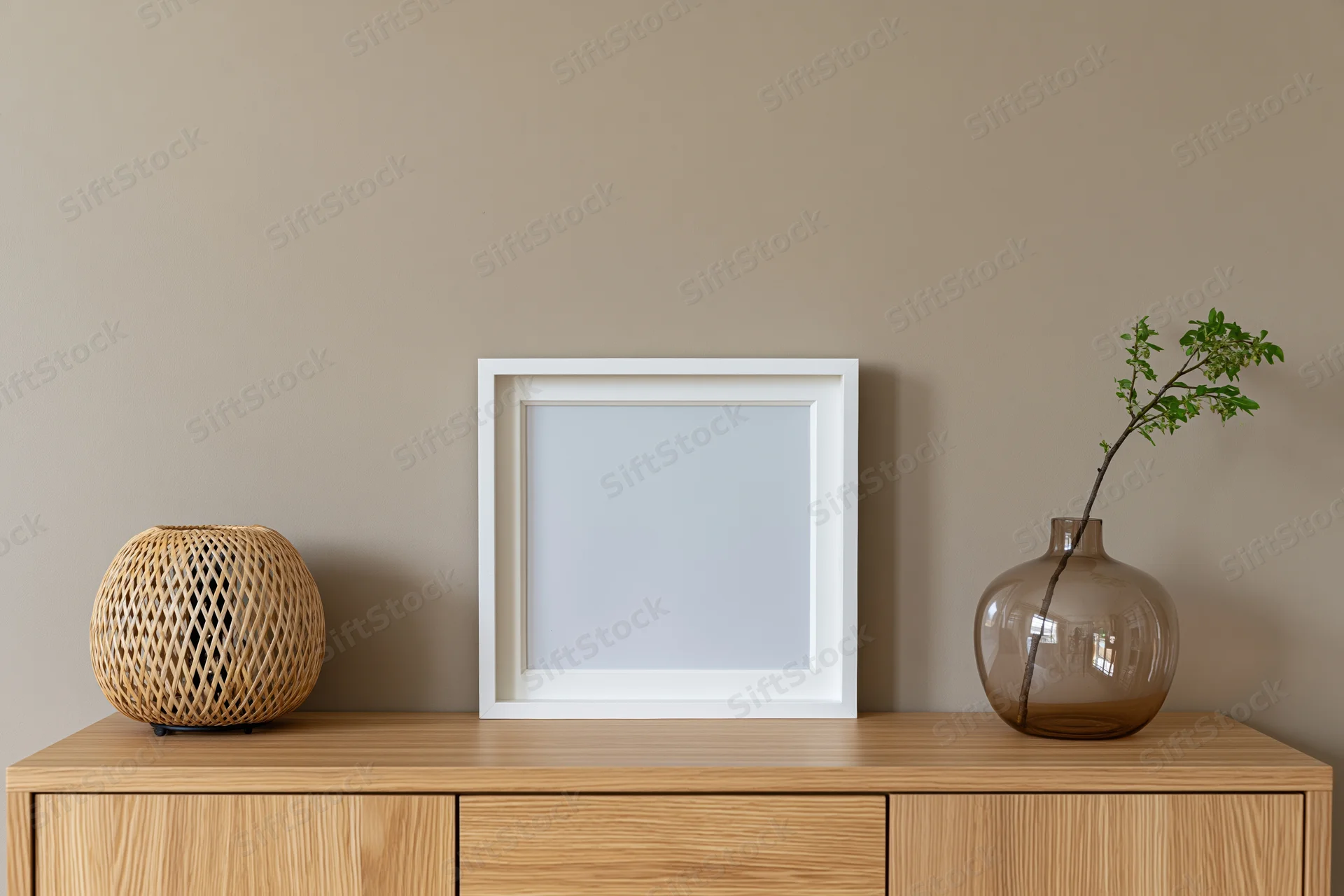 White frame mockup on wooden cabinet with vase and woven lamp against beige wall