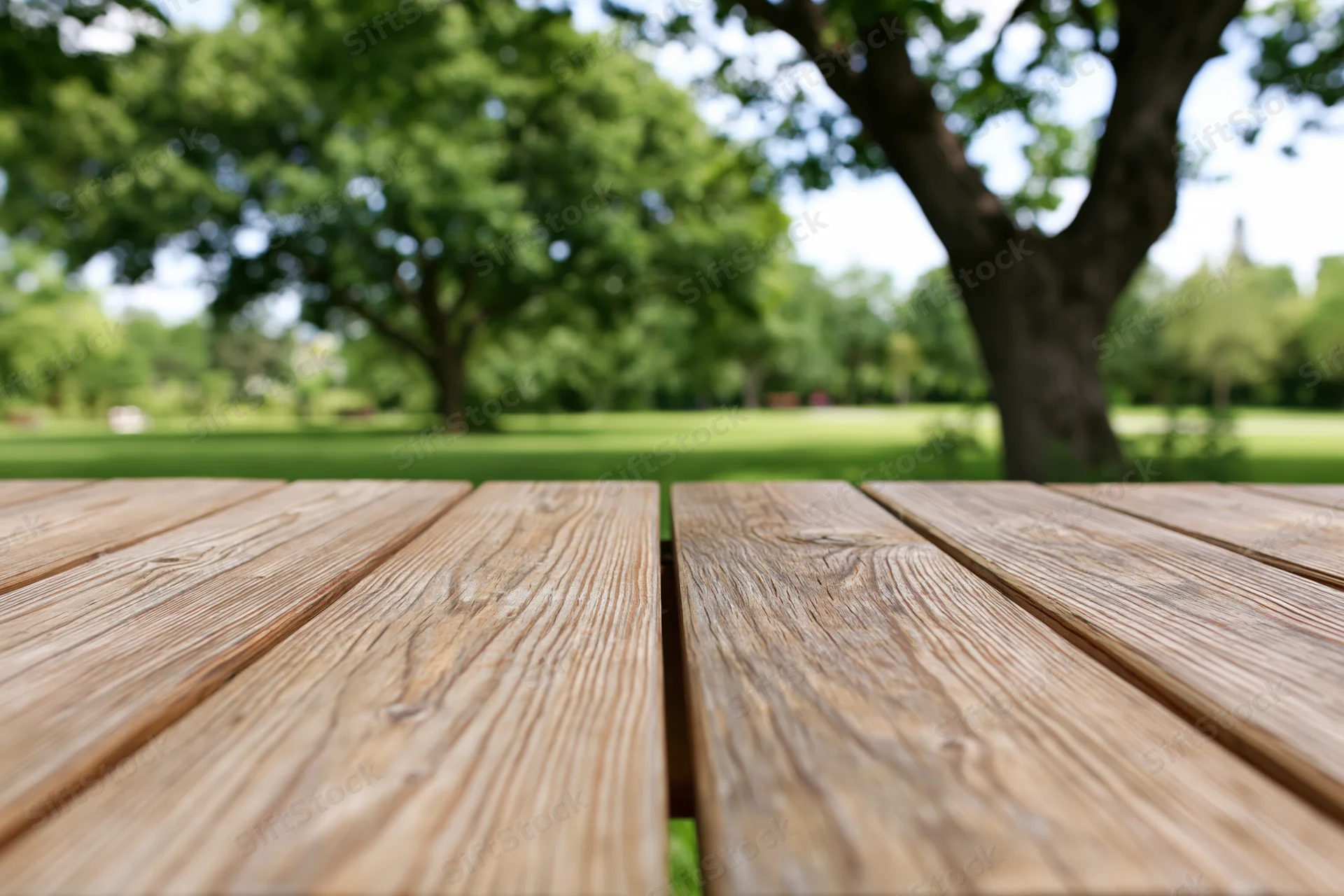 Wooden table surface in sharp focus with blurred park greenery in background
