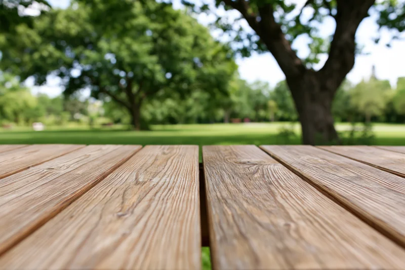 Empty wooden deck tabletop in focus occupying lower frame