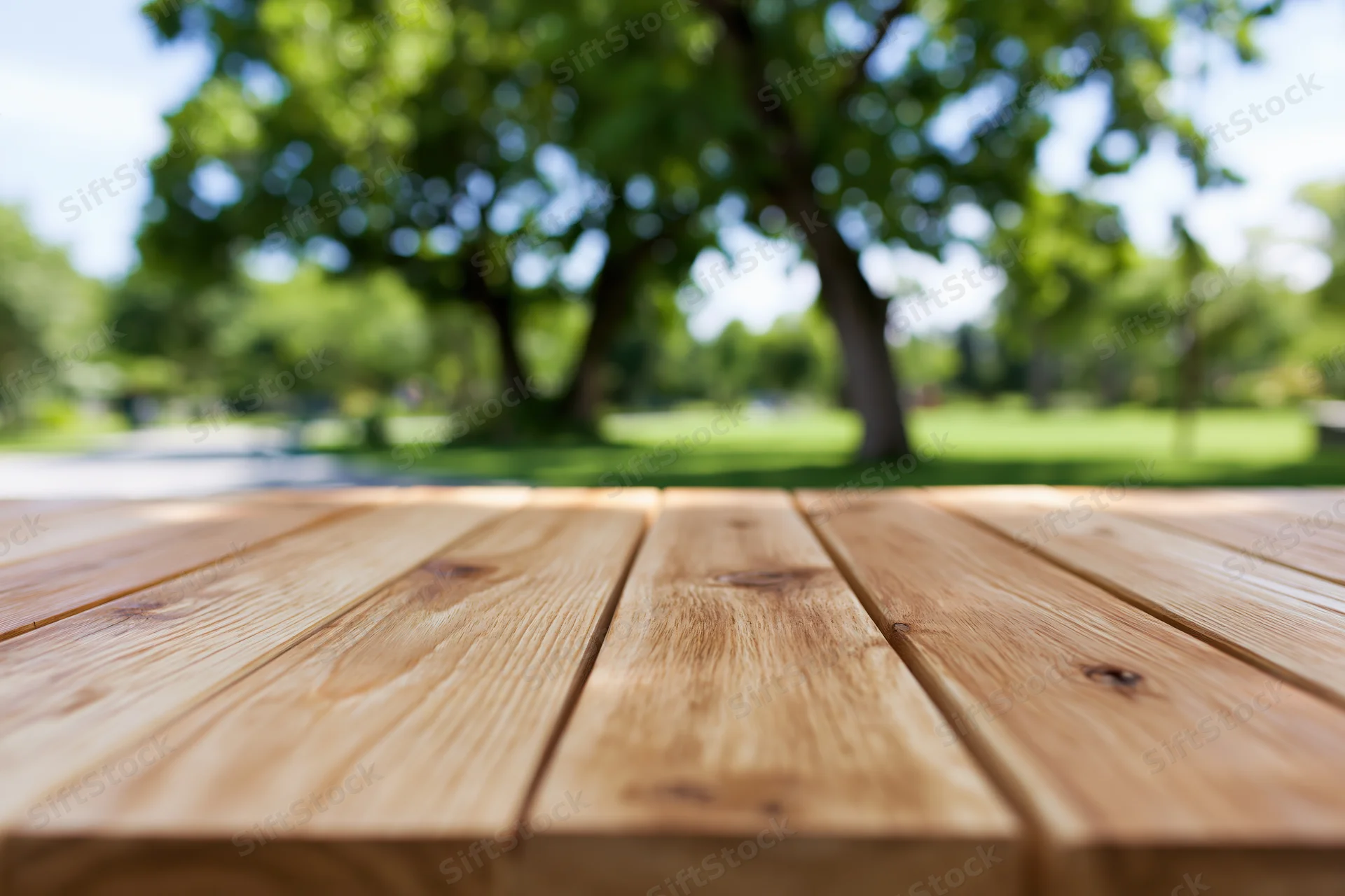Wooden deck tabletop in sharp focus with blurred park background