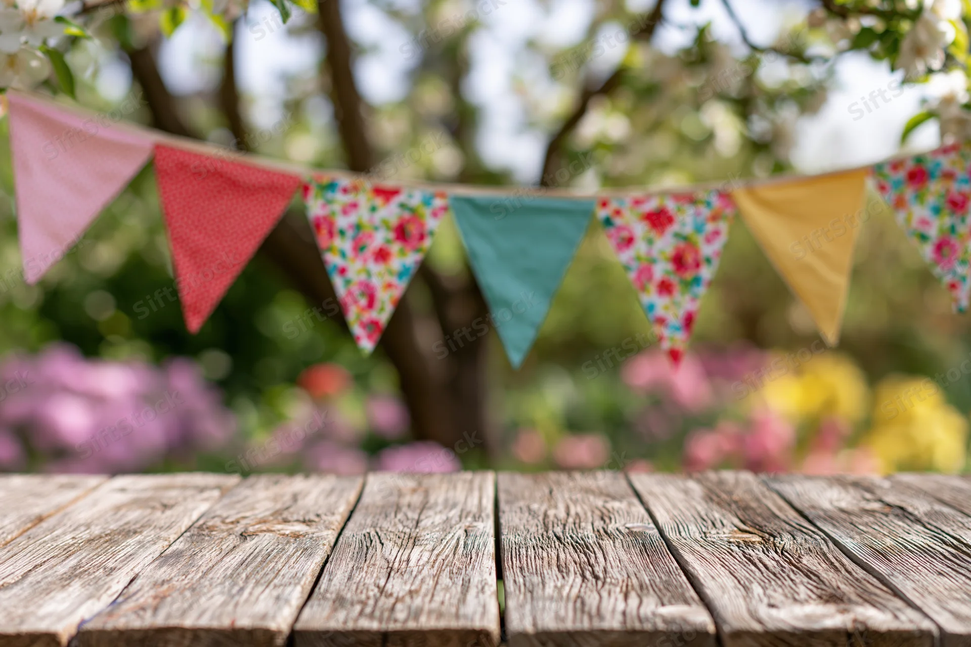 Weathered wooden plank table in foreground with colorful triangular fabric banner above in blooming garden