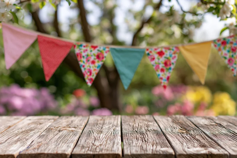 Weathered wooden plank table in foreground with colorful triangular fabric banner above in blooming garden