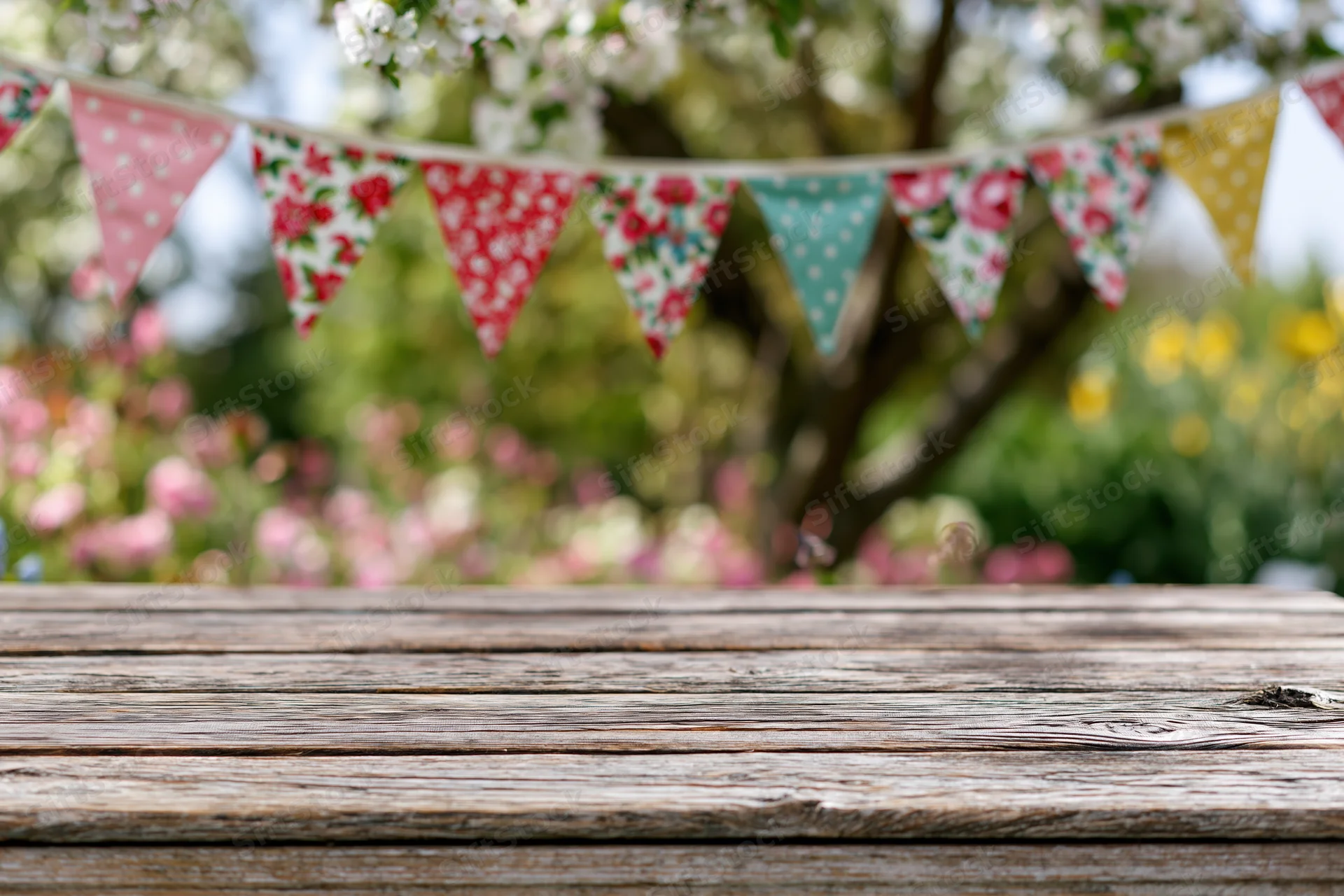 Weathered wooden plank table in a garden with colorful floral bunting above, spring blossoms in background