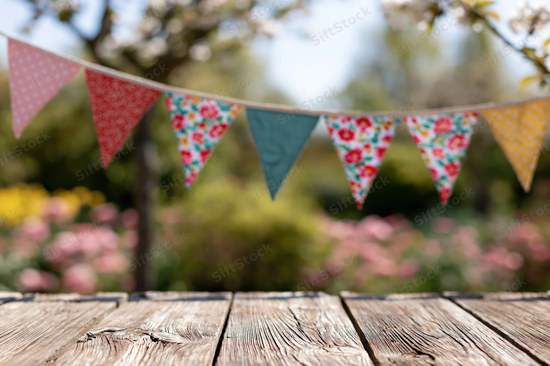 Wooden table in a garden with colorful triangular banner above, surrounded by blooming flowers