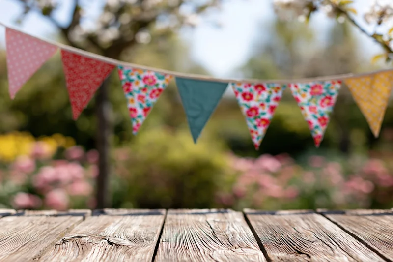 Wooden table in a garden with colorful triangular banner above, surrounded by blooming flowers