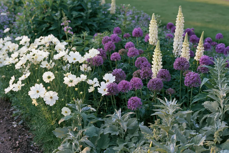 A cottage garden border in peak bloom with white cosmos, purple allium, and tall lupine flowers among green foliage