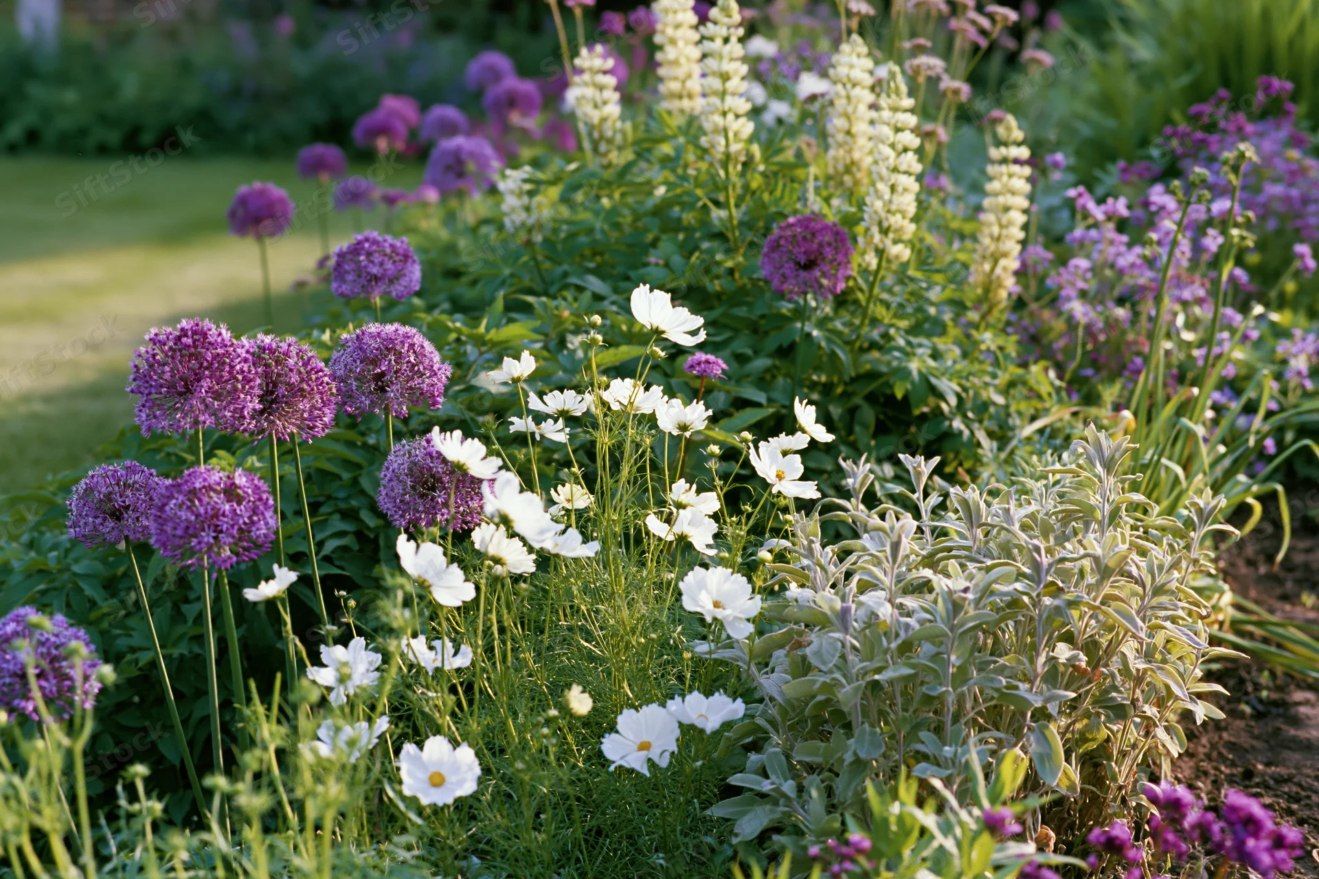 A cottage garden border in full bloom with purple allium, white cosmos, and silver sage plants in early summer