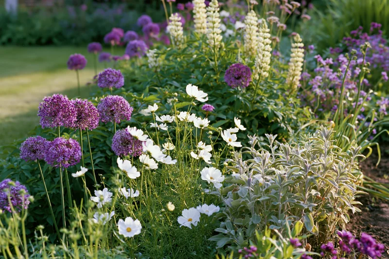 A cottage garden border in full bloom with purple allium, white cosmos, and silver sage plants in early summer
