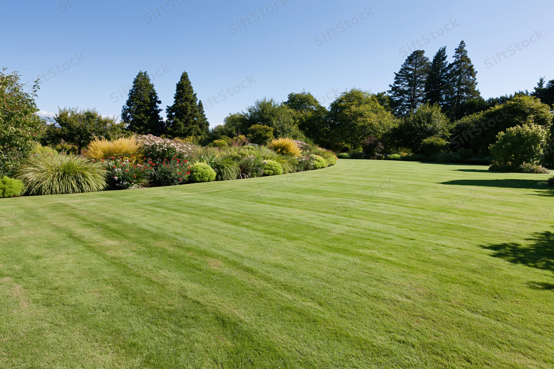 Expansive manicured lawn in a formal garden with flowerbeds and trees under clear blue sky