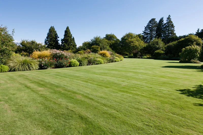 Expansive manicured lawn in a formal garden with flowerbeds and trees under clear blue sky