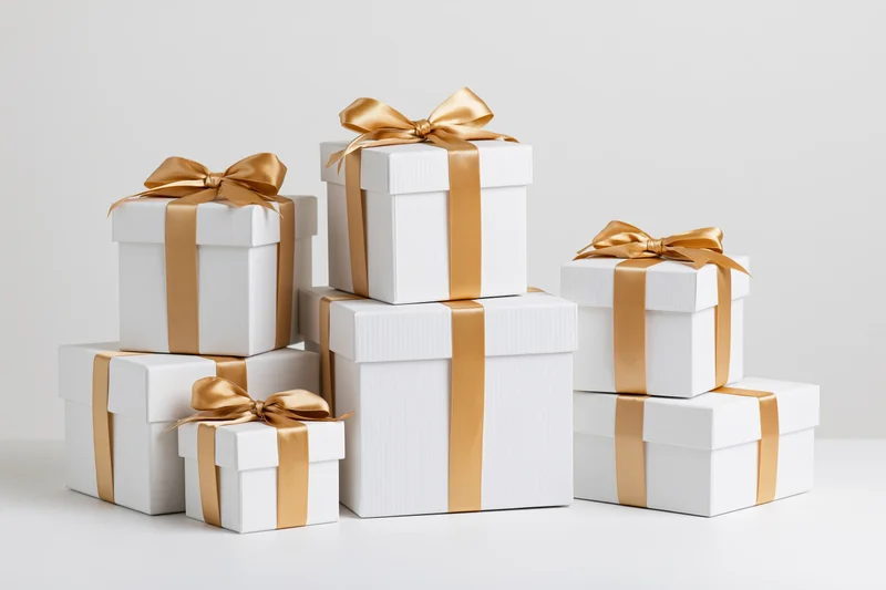 White gift boxes with gold ribbons arranged in a staggered stack on a plain surface