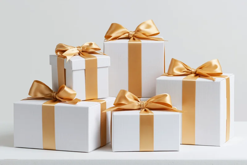 Five white gift boxes of varying sizes arranged in a staggered formation with gold ribbons and bows on a white surface