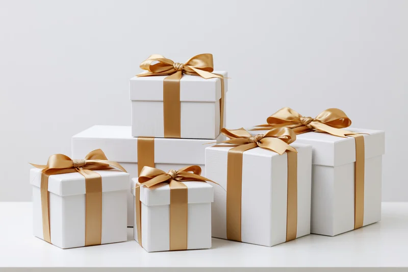 White gift boxes with gold ribbons arranged in staggered stack on white surface